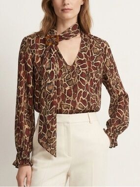 Zara Snake Print V-Neck Blouse with Attached Buckle Scarf Plissé Size S